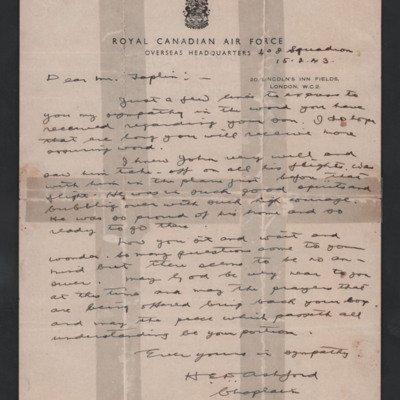Letter to John Taplin&#039;s Father from 408 Squadron Chaplain